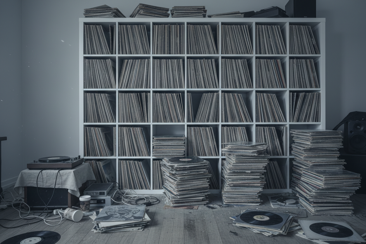 A cluttered, disorganized scene with a cool, desaturated, slightly grayish color grading. An overflowing white IKEA Kallax shelving unit is packed densely with vinyl records, showing only thin, worn cardboard spines. Several stacks of loose vinyl records are piled messily on a worn wooden floor next to the cabinet, looking neglected and chaotic. The lighting is flat and dull.