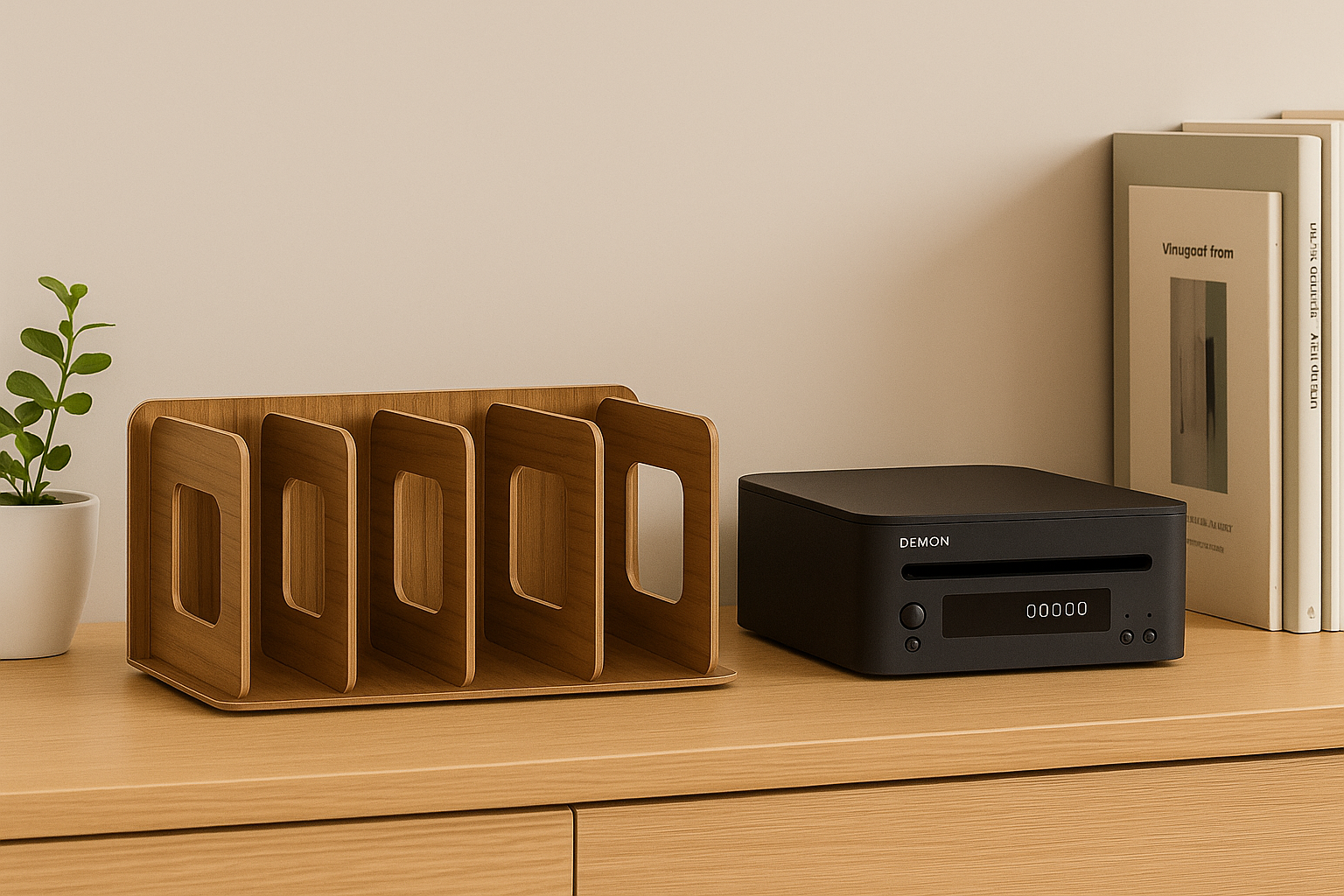 Een walnootkleurige bamboe cd-houder op een houten bureau, naast een zwarte cd-speler, boeken en een klein plantje.