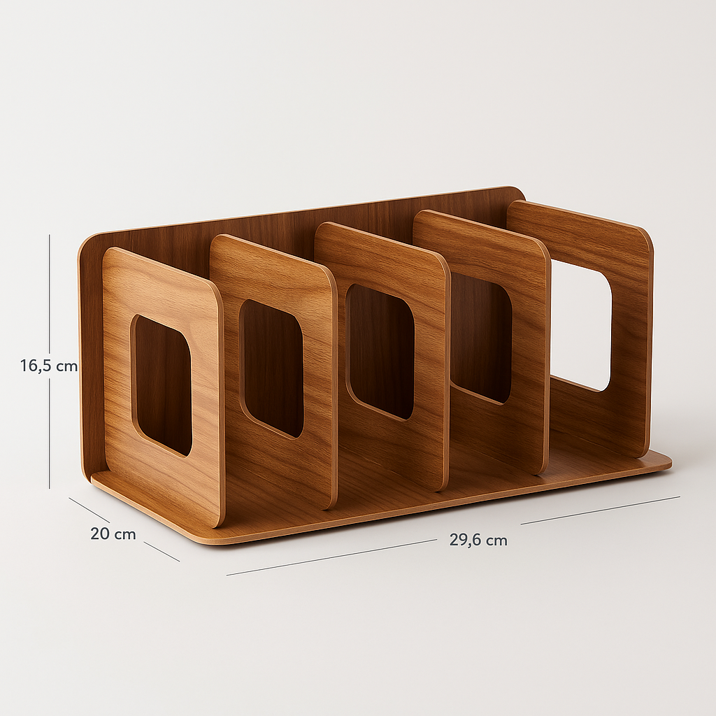 Walnootkleurige bamboe houten cd-houder met afmetingen 29,6 x 20 x 16,5 cm, modern design