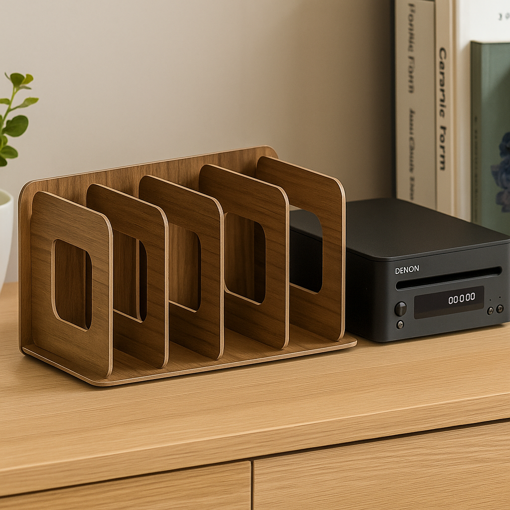 Walnootkleurige bamboe houten cd-houder met modern design op houten kast