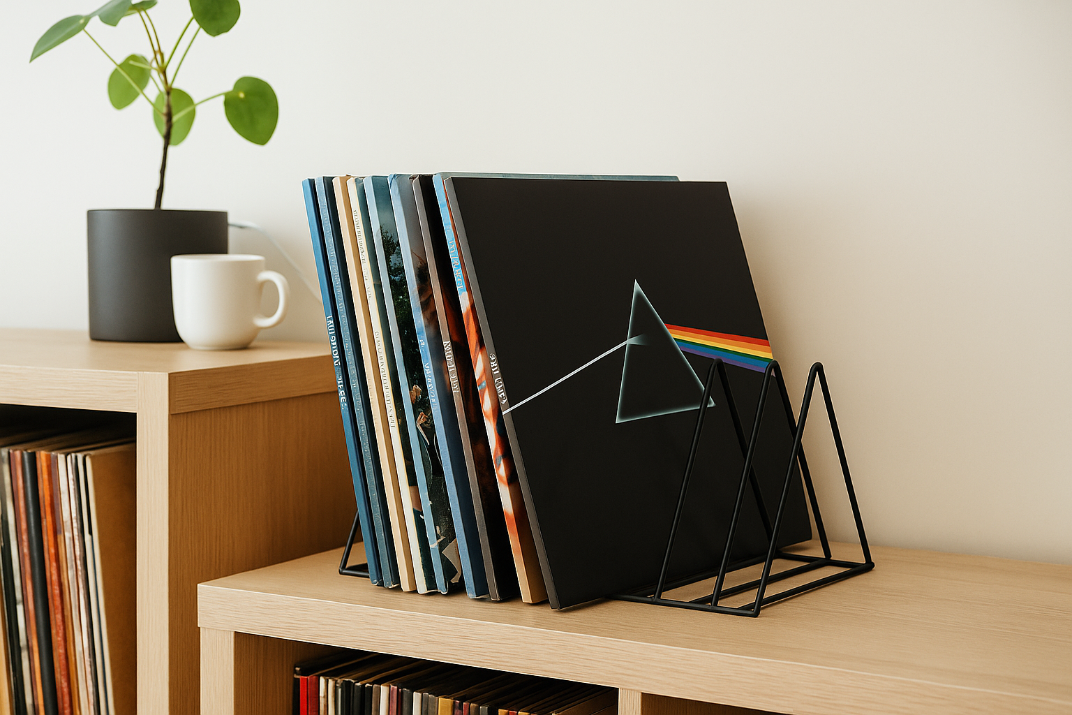 Verschillende soorten LP houders in een stijlvol interieur, waaronder een staand platenrek en een vinyl houder voor aan de muur.