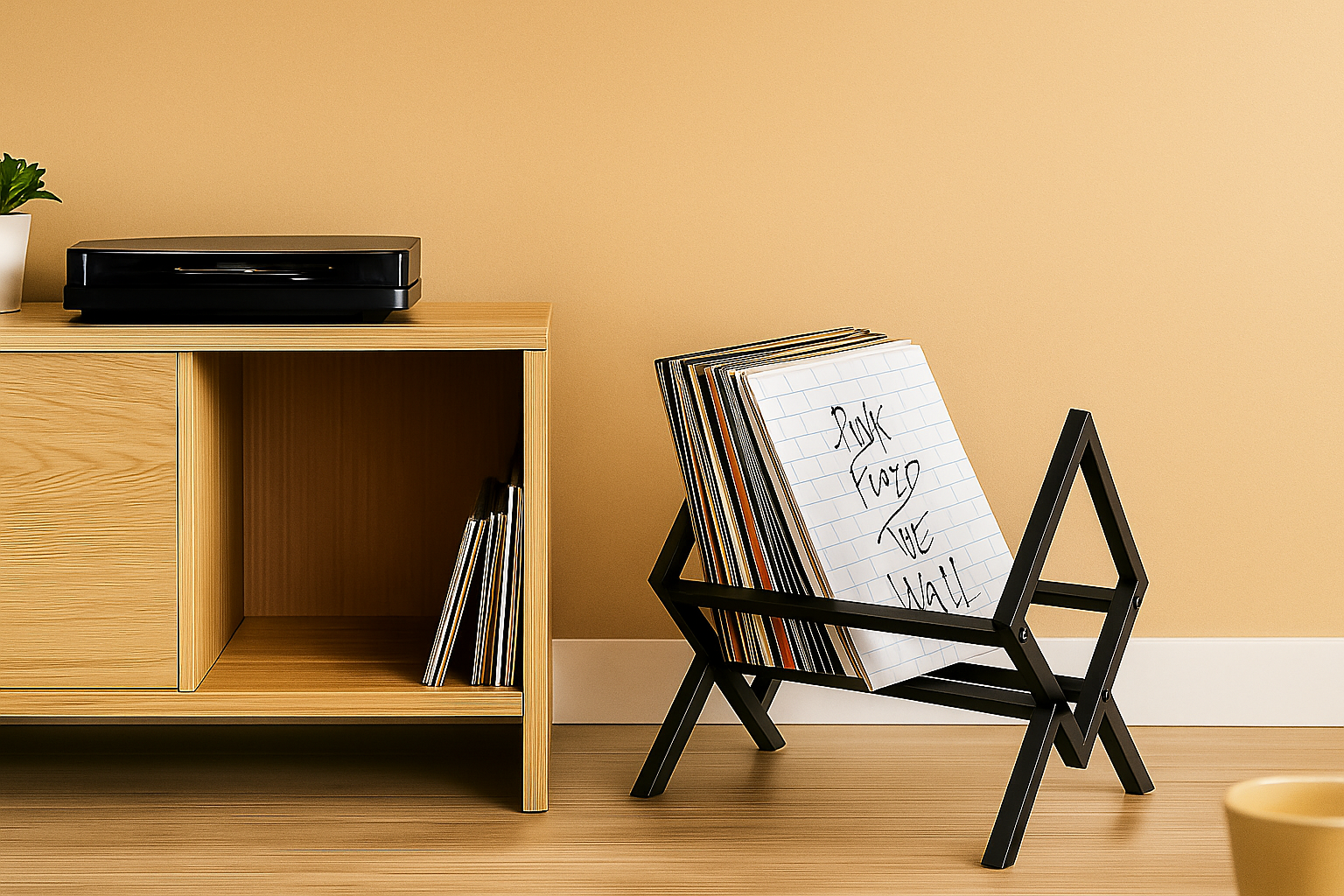 Minimalistische LP vloerstandaard van zwart metaal, gevuld met een vinylcollectie en staand op een houten vloer naast een audiomeubel met platenspeler.