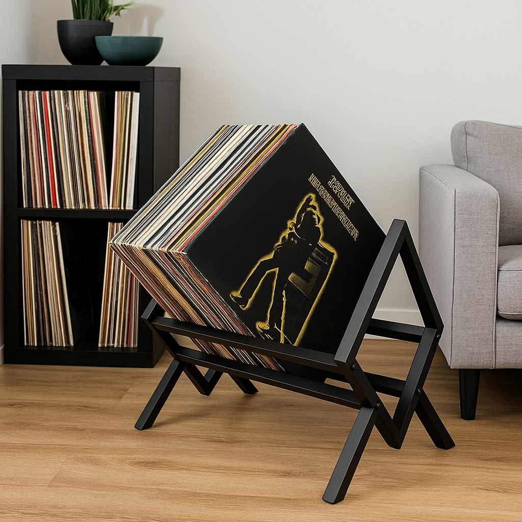 Design LP vloerstandaard van zwart metaal, staand op een houten vloer naast een platenspeler en een designstoel in een minimalistisch interieur.