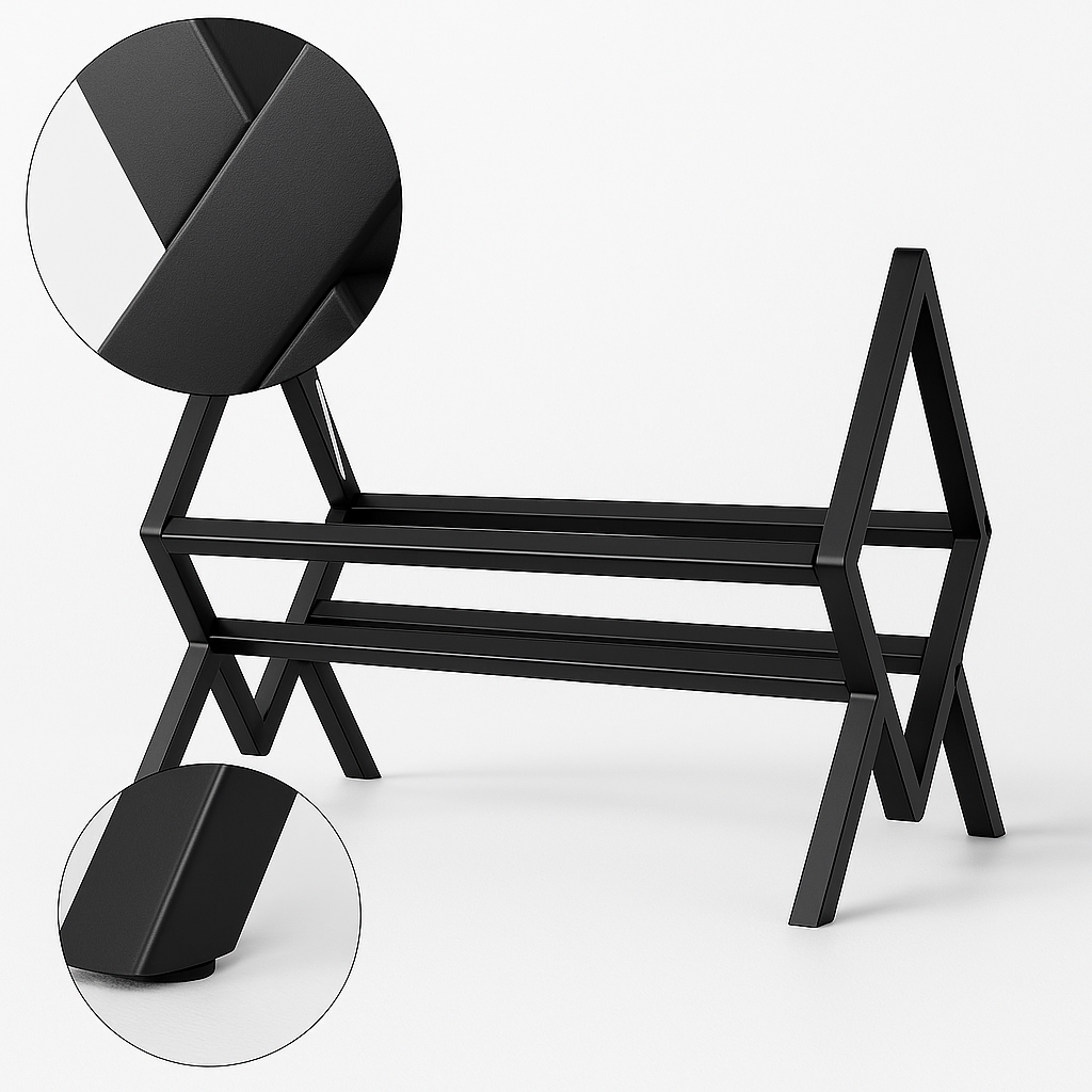 Vrijstaande productfoto van een zwart metalen lp-rek met twee niveaus. Twee inzetcircels tonen details van de strakke lasnaad en een beschermvoetje voor de vloer.