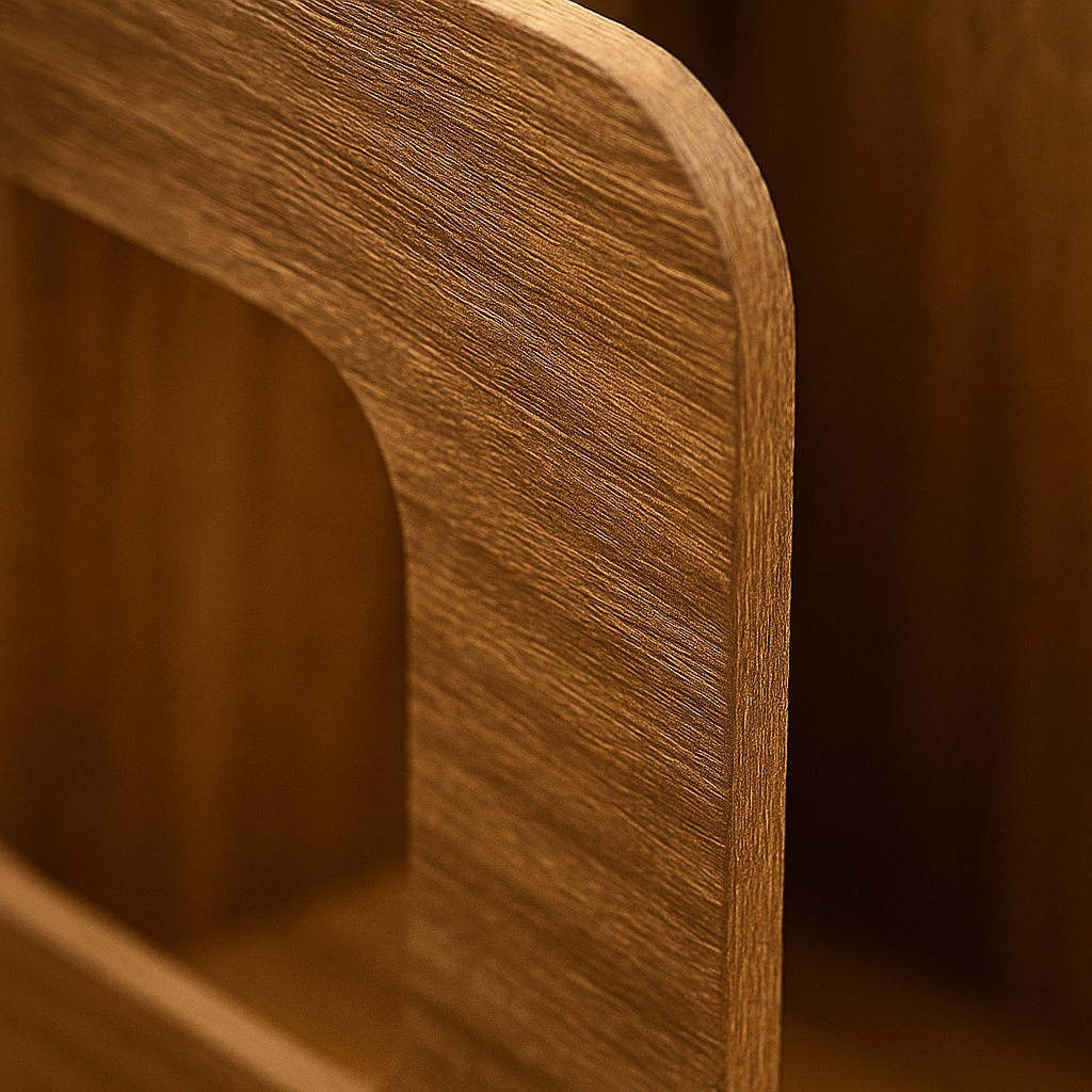 Close-up van walnootkleurige bamboe houten cd-houder met zichtbare houtstructuur en gladde afwerking