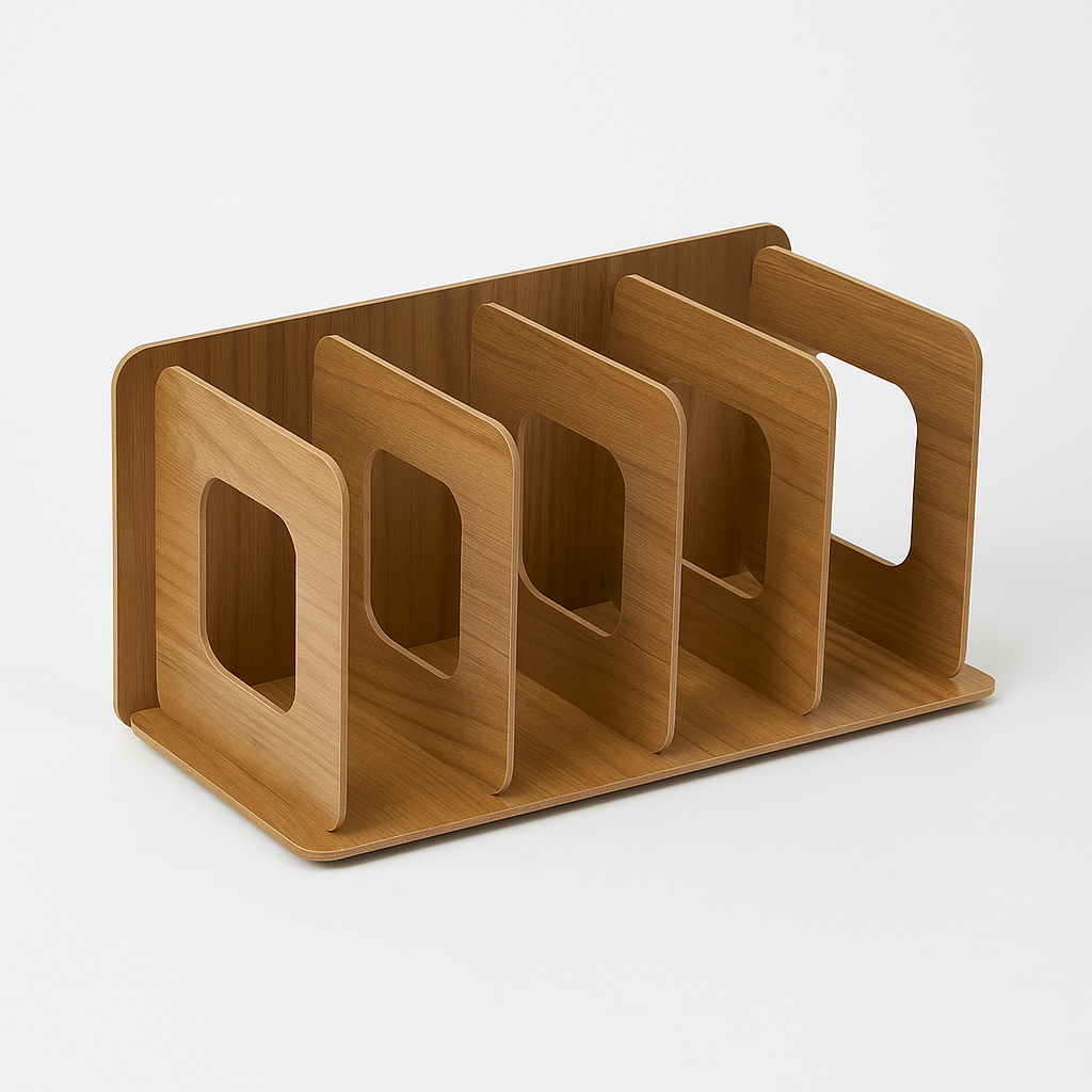 rijstaande productfoto van een lichtbruine houten cd-houder met vier vakken en een zichtbare houtnerf, gefotografeerd op een witte achtergrond.