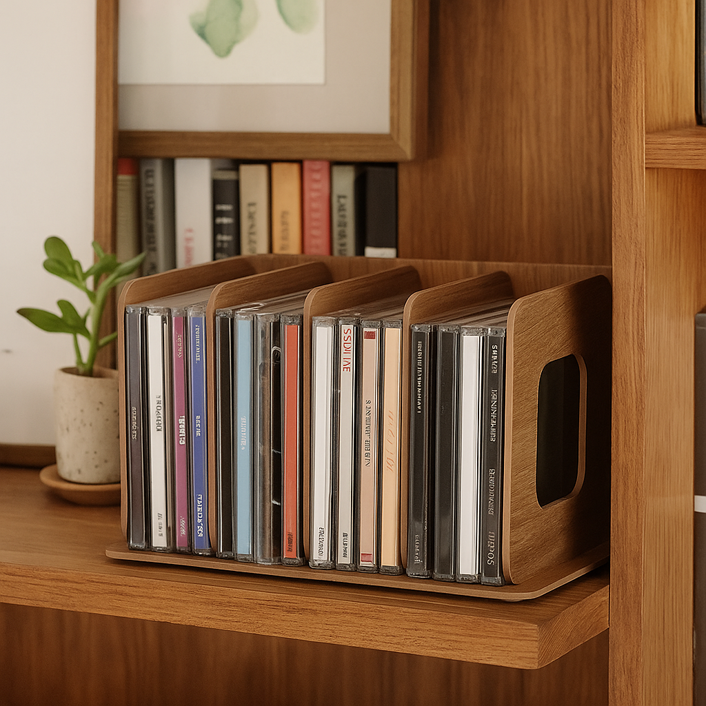 Een lichtbruine houten cd-houder, gevuld met cd's, staat netjes op een boekenplank in een sfeervol interieur.