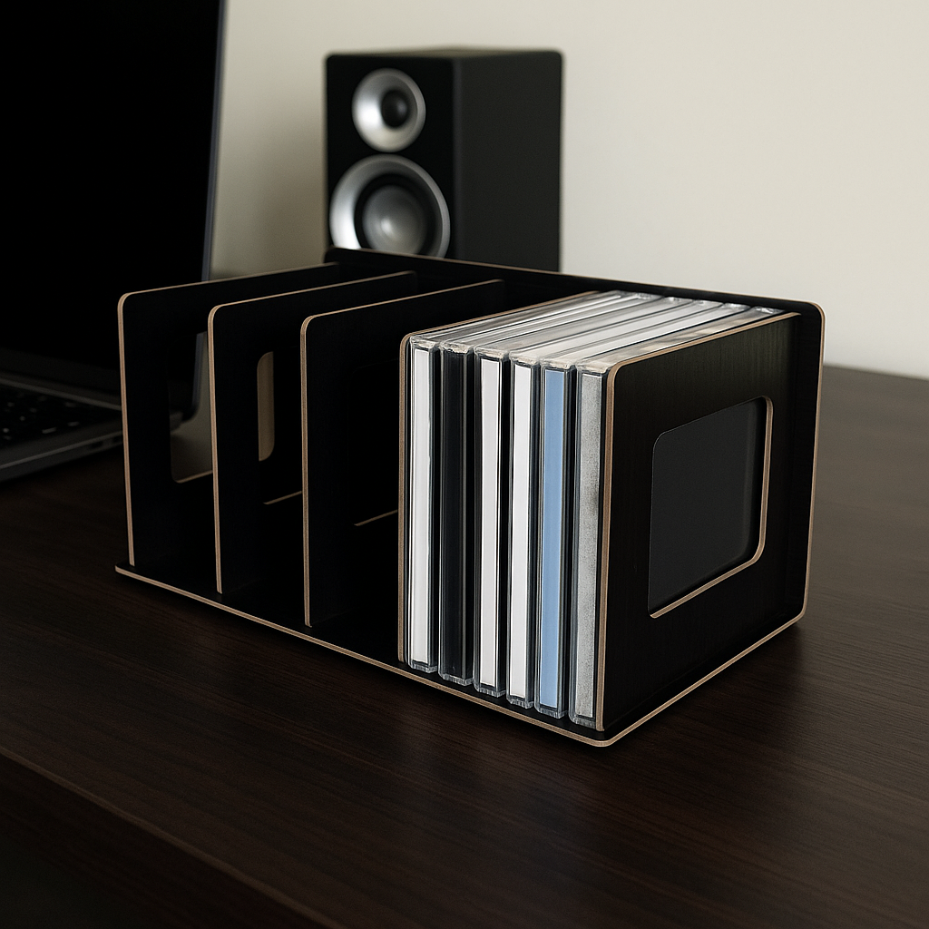 Zwart houten CD rek voor opslag, half gevuld met CD jewelcases en staand op een donker houten bureau naast een laptop en speaker.