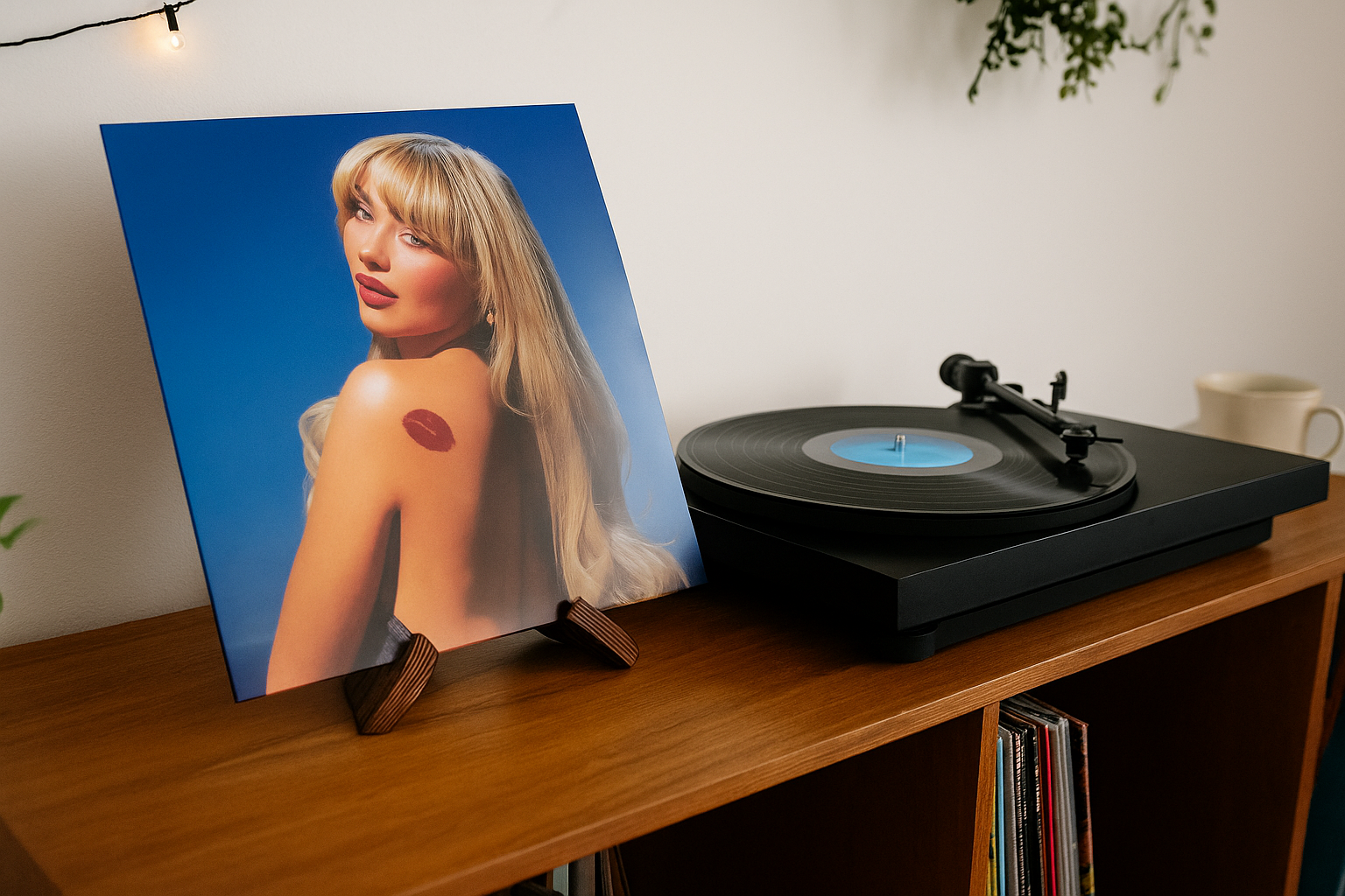 Houten LP-standaard met vinylplaat naast zwarte platenspeler op houten meubel in modern interieur