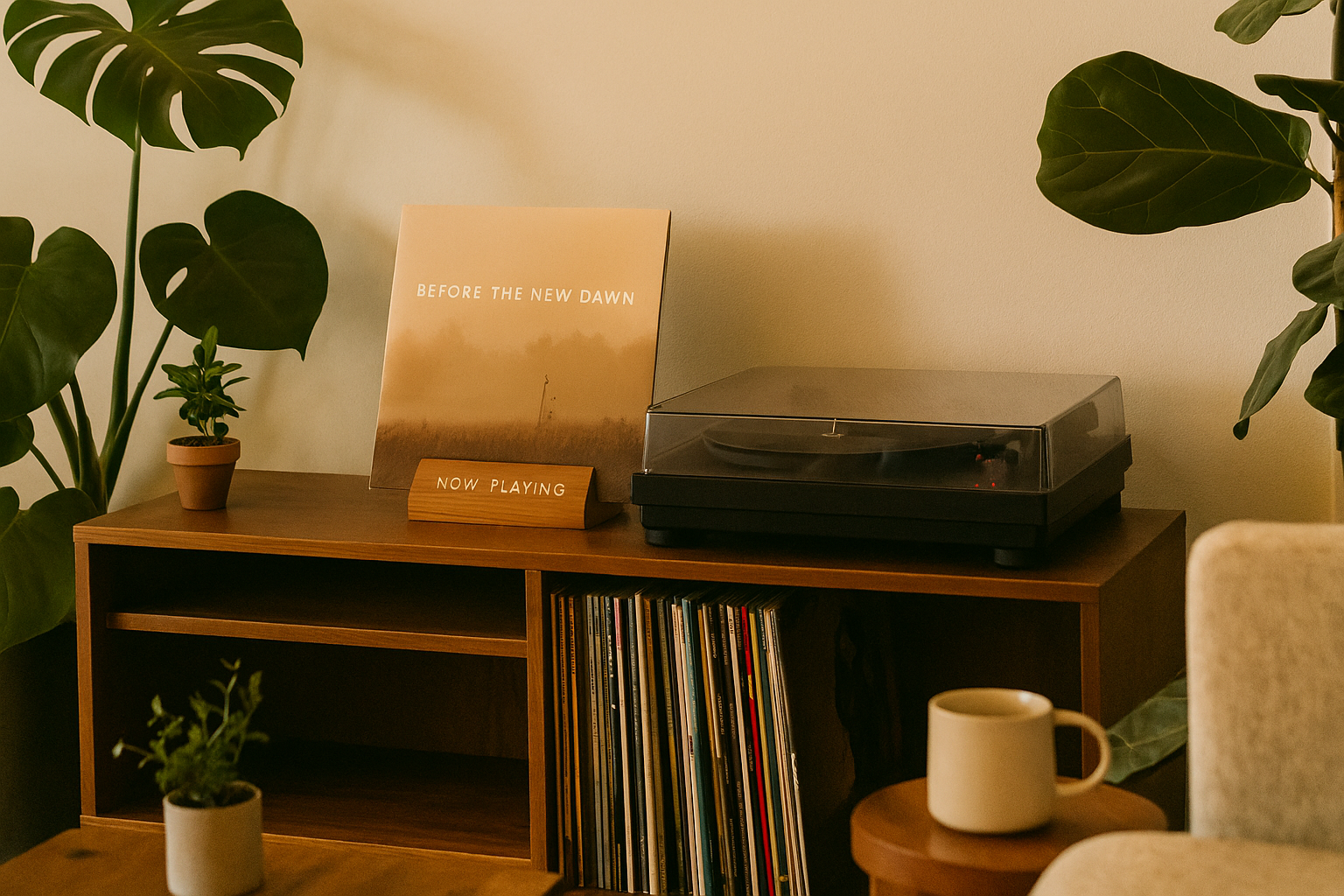 Een houten 'Now Playing' display standaard toont een lp-hoes op een houten audiomeubel, naast een platenspeler en omringd door groene planten