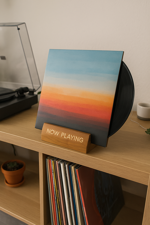 Een houten 'Now Playing' display standaard op een licht houten audiomeubel, die zowel de kleurrijke albumhoes als de vinylplaat zelf toont.