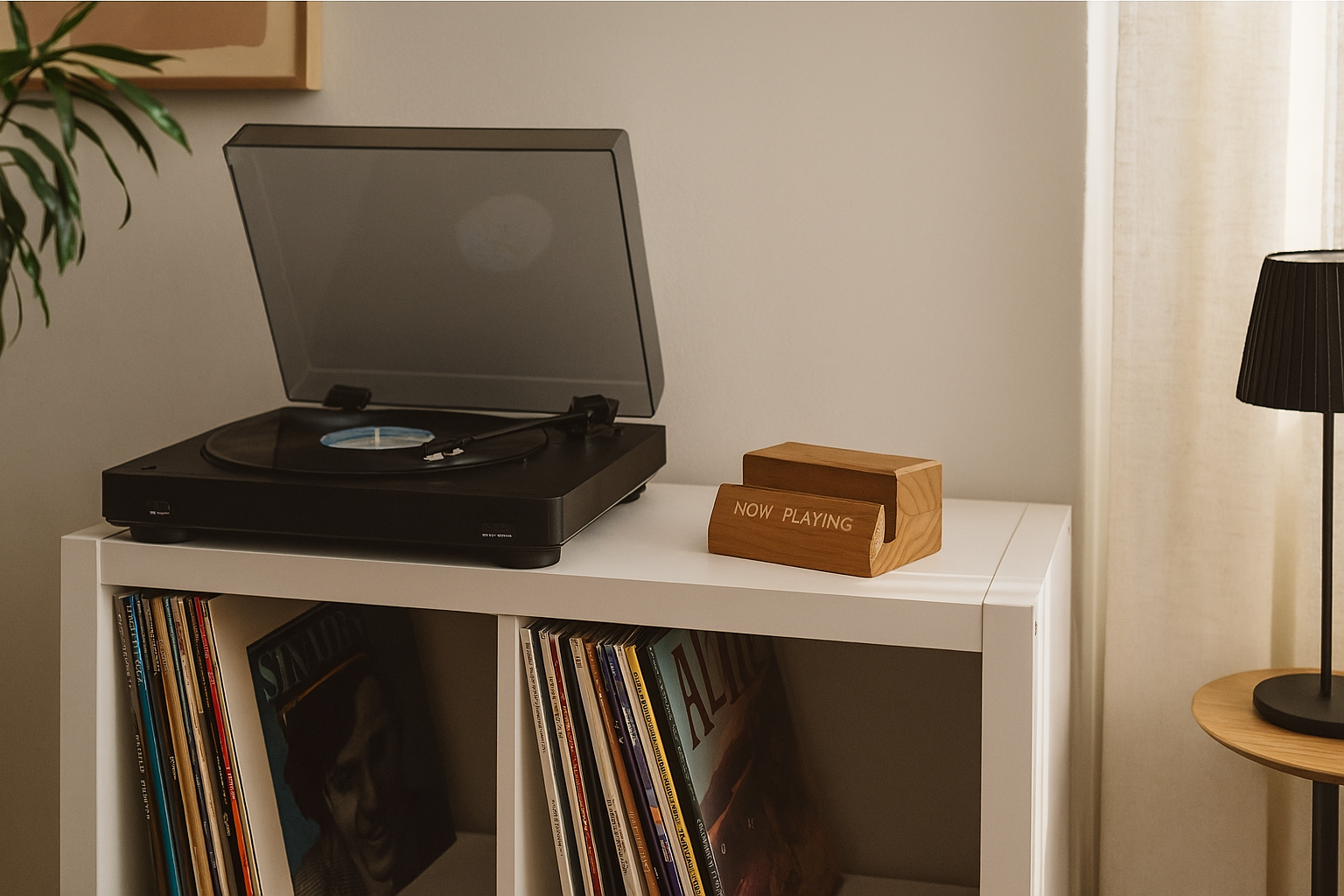Een houten 'Now Playing' lp-standaard staat leeg op een witte vakkenkast, direct naast een zwarte platenspeler met een open stofkap.
