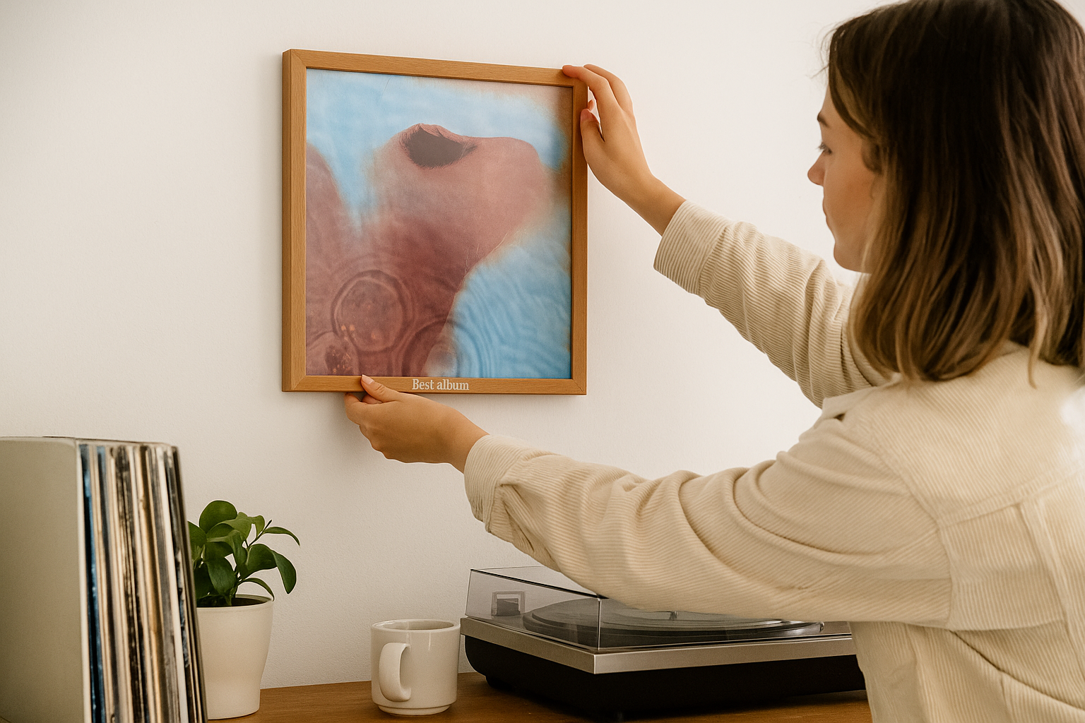 Een vrouw hangt een houten lijst met een vinyl platenhoes aan de muur boven een platenspeler en een stapel lp's.