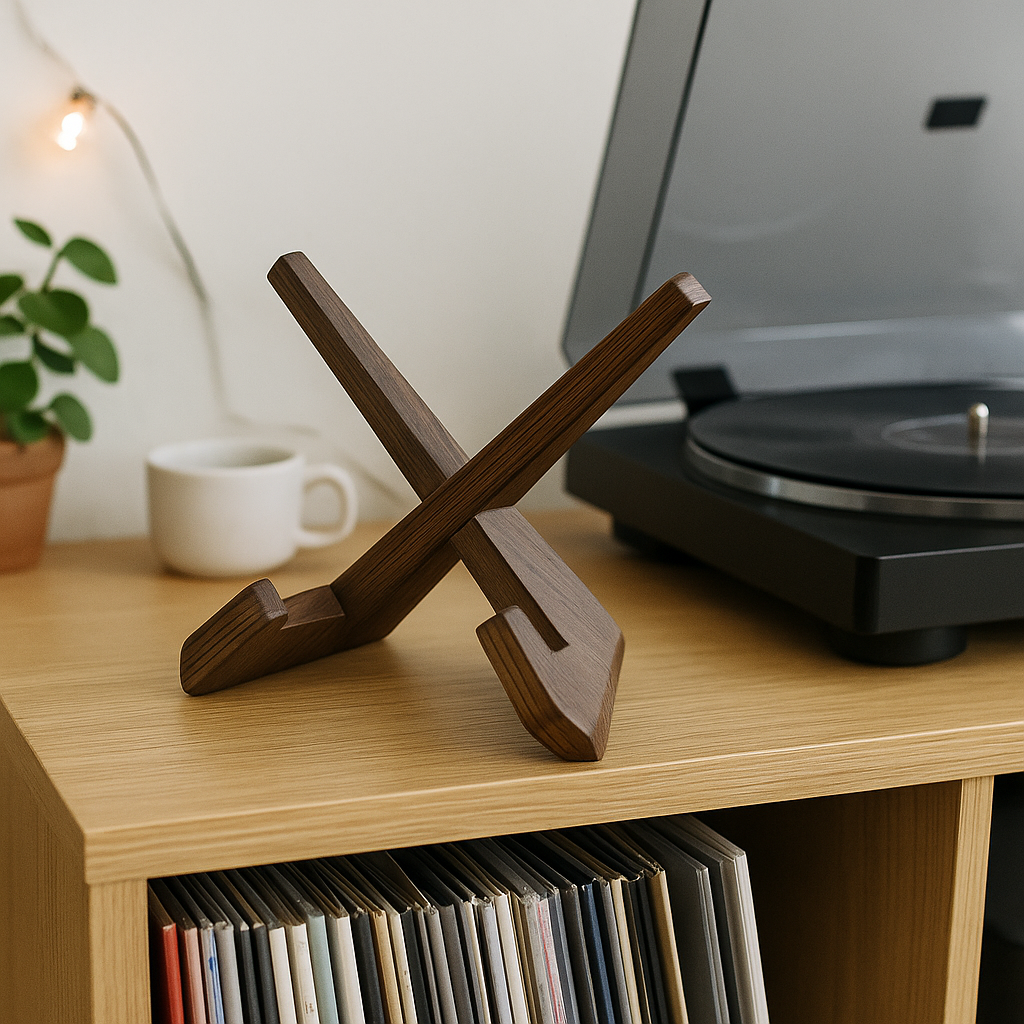 Japandi LP houder van massief walnoothout, staand model voor het tonen van een vinylplaat
