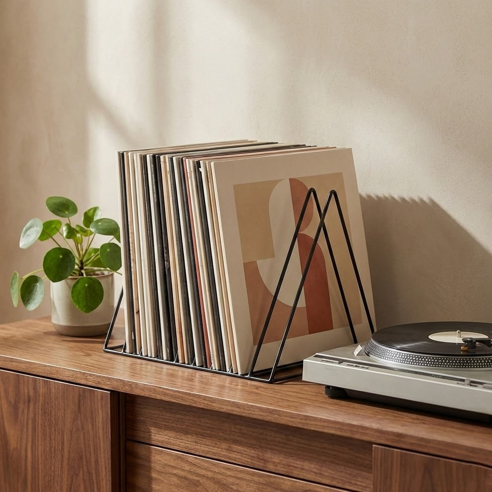 Minimalist Vinyl Record Rack – Black Steel | Holds 25+ LPs