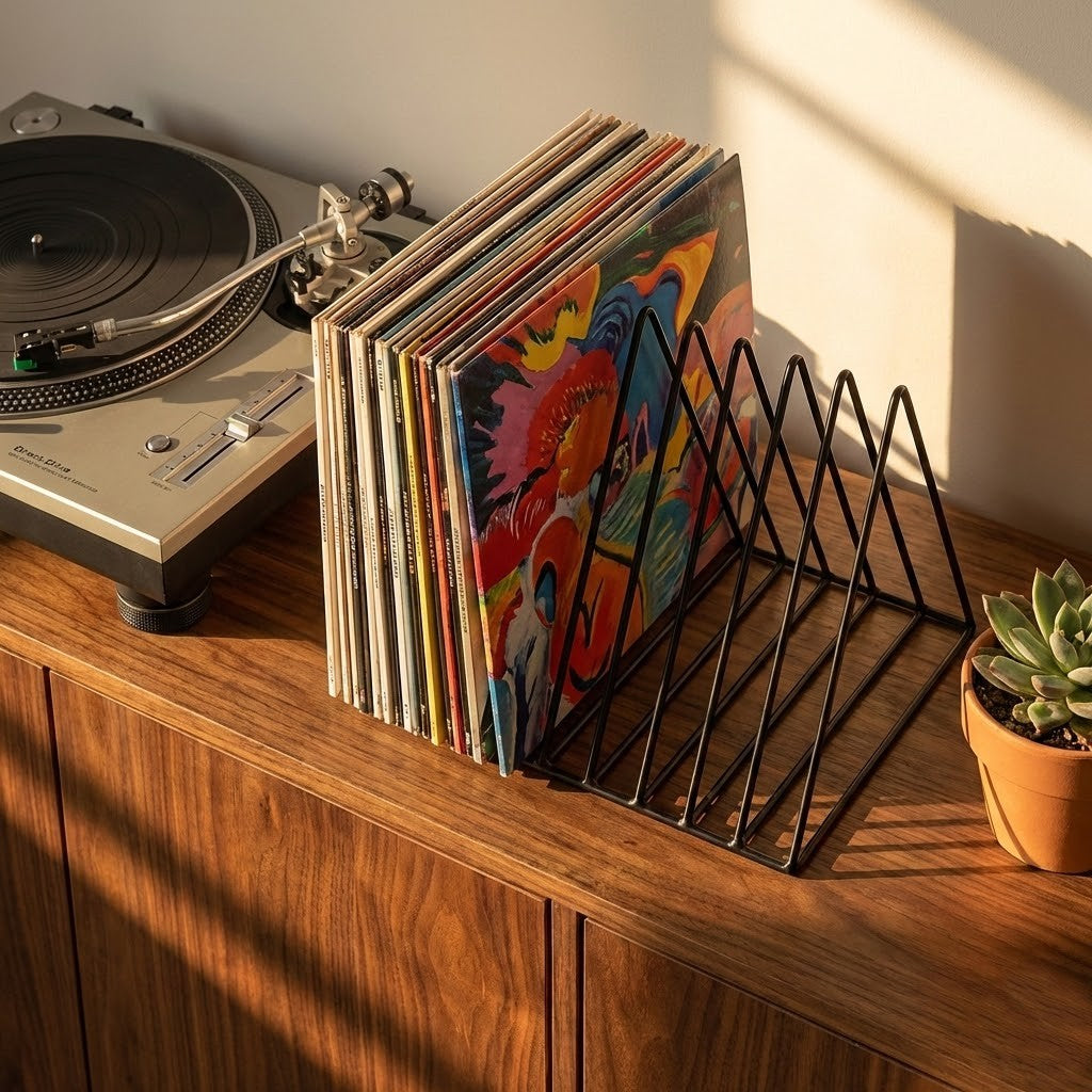 Minimalistisch Platenrek – Zwart Staal