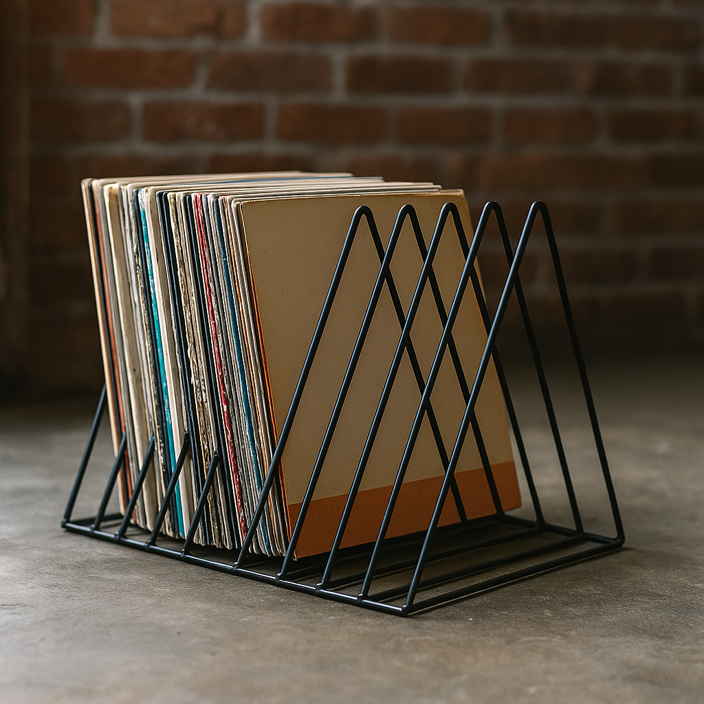 Minimalistisch zwart platenrek van gepoedercoat staal, ontworpen voor de stijlvolle opslag van een vinylcollectie