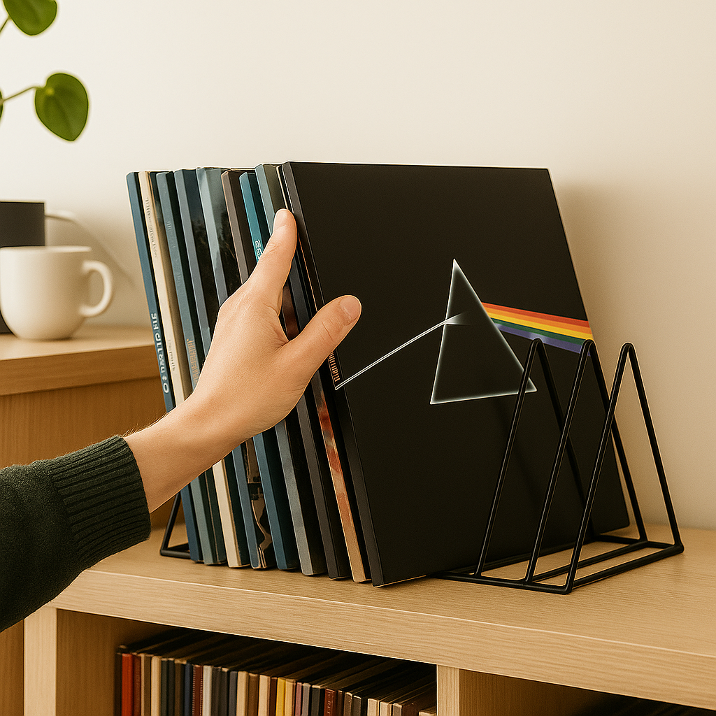 Een hand pakt een vinylplaat uit een minimalistisch platenrek van zwart staal, dat gevuld is met een LP-collectie en op een licht houten dressoir staat.