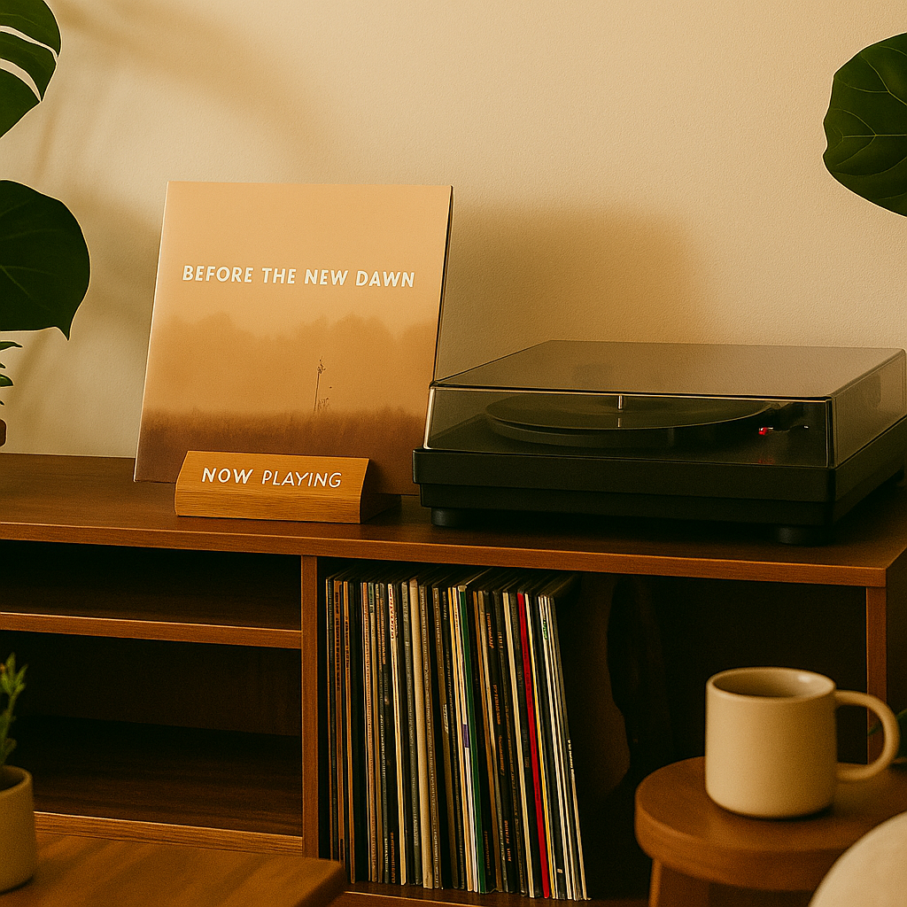 Houten 'Now Playing' LP standaard op een audiomeubel die een vinylplaat tentoonstelt naast een platenspeler in een sfeervolle luisterhoek
