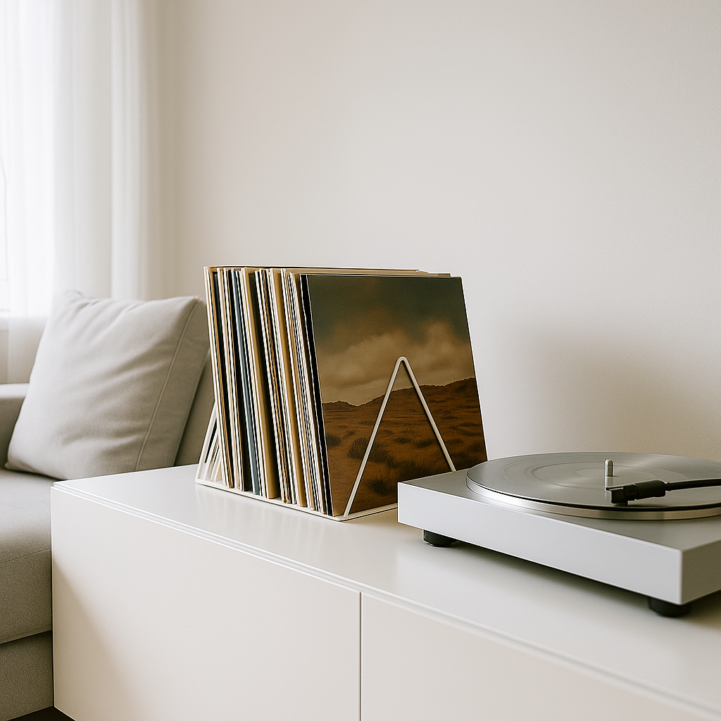 Een minimalistisch wit lp-rek, gevuld met vinylplaten, staat op een wit dressoir naast een moderne platenspeler in een lichte woonkamer.