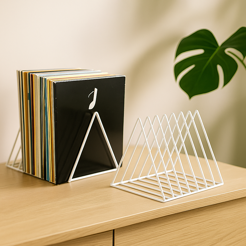 Twee witte, minimalistische lp-rekken op een houten dressoir. Eén rek is gevuld met vinylplaten en de ander is leeg. Op de achtergrond staat een groene plant.