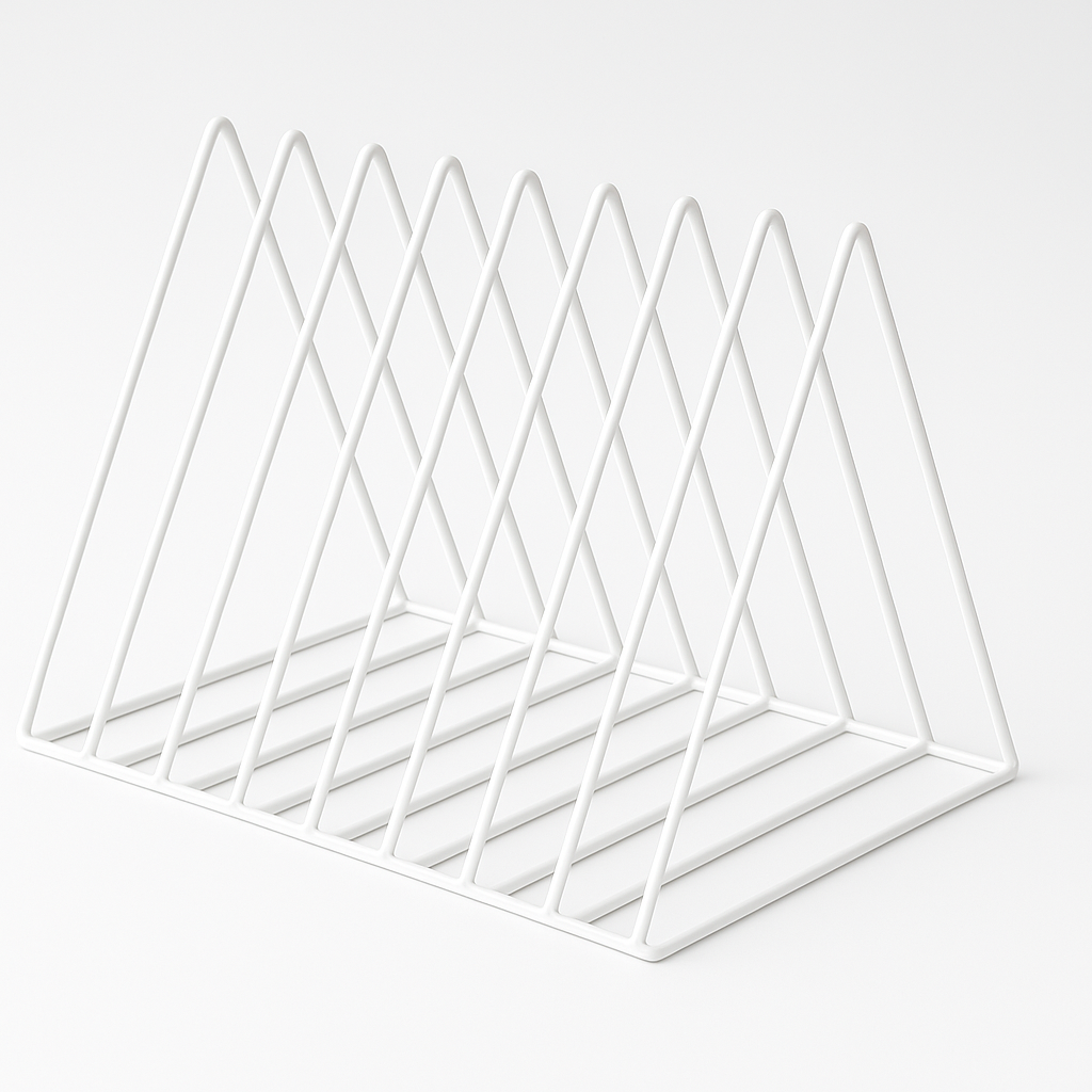 Vrijstaande productfoto van een leeg, wit metalen lp-rek met een minimalistisch en geometrisch driehoekig design op een witte achtergrond.