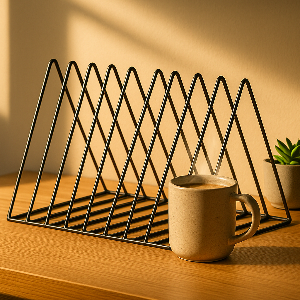 Een leeg, zwart metalen lp-rek staat op een houten bureau in warm zonlicht, met een dampende kop koffie ervoor en een plantje op de achtergrond.