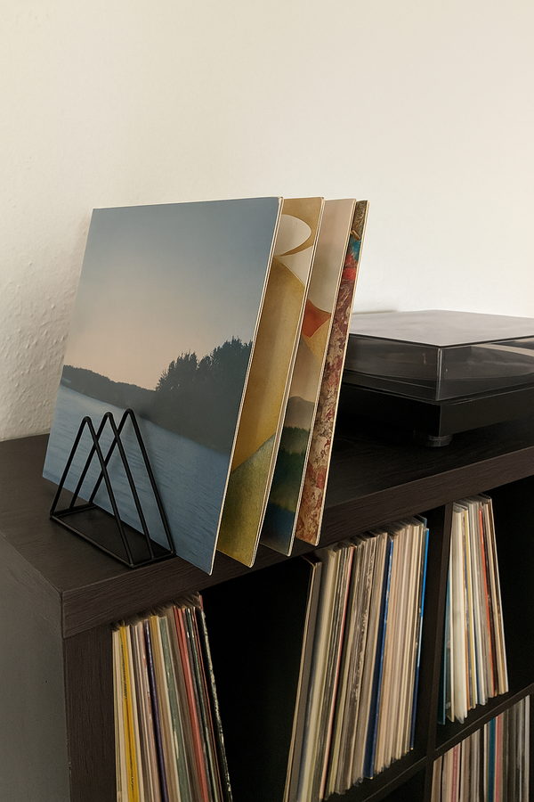 Een klein, zwart metalen lp-rek staat op een donkere platenkast en houdt een paar vinylplaten vast. Rechts staat een platenspeler en de vakken van de kast zijn gevuld met een grote platencollectie.