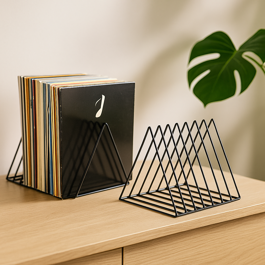 Twee zwarte, minimalistische lp-rekken op een houten dressoir. Eén rek is gevuld met vinylplaten en de ander is leeg. Op de achtergrond staat een groene plant.