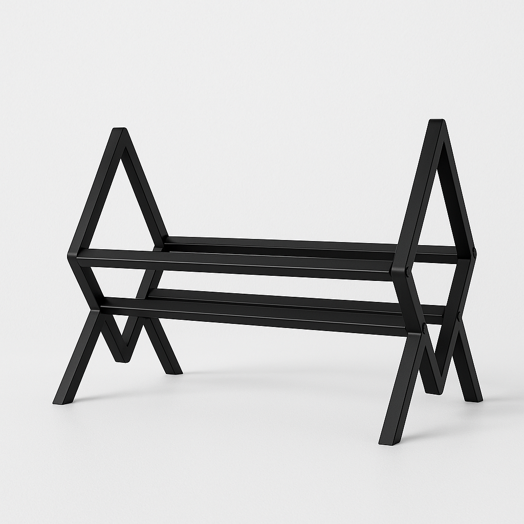 Vrijstaande productfoto van een leeg, mat-zwart metalen lp-rek met een geometrisch design en twee niveaus, op een witte achtergrond.