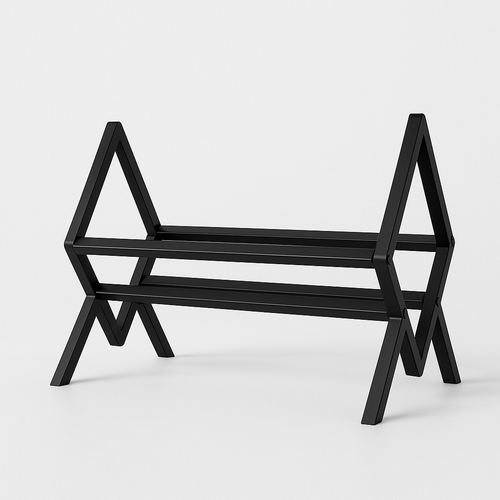 Vrijstaande productfoto van een leeg, mat-zwart metalen lp-rek met een geometrisch design en twee niveaus, op een witte achtergrond.