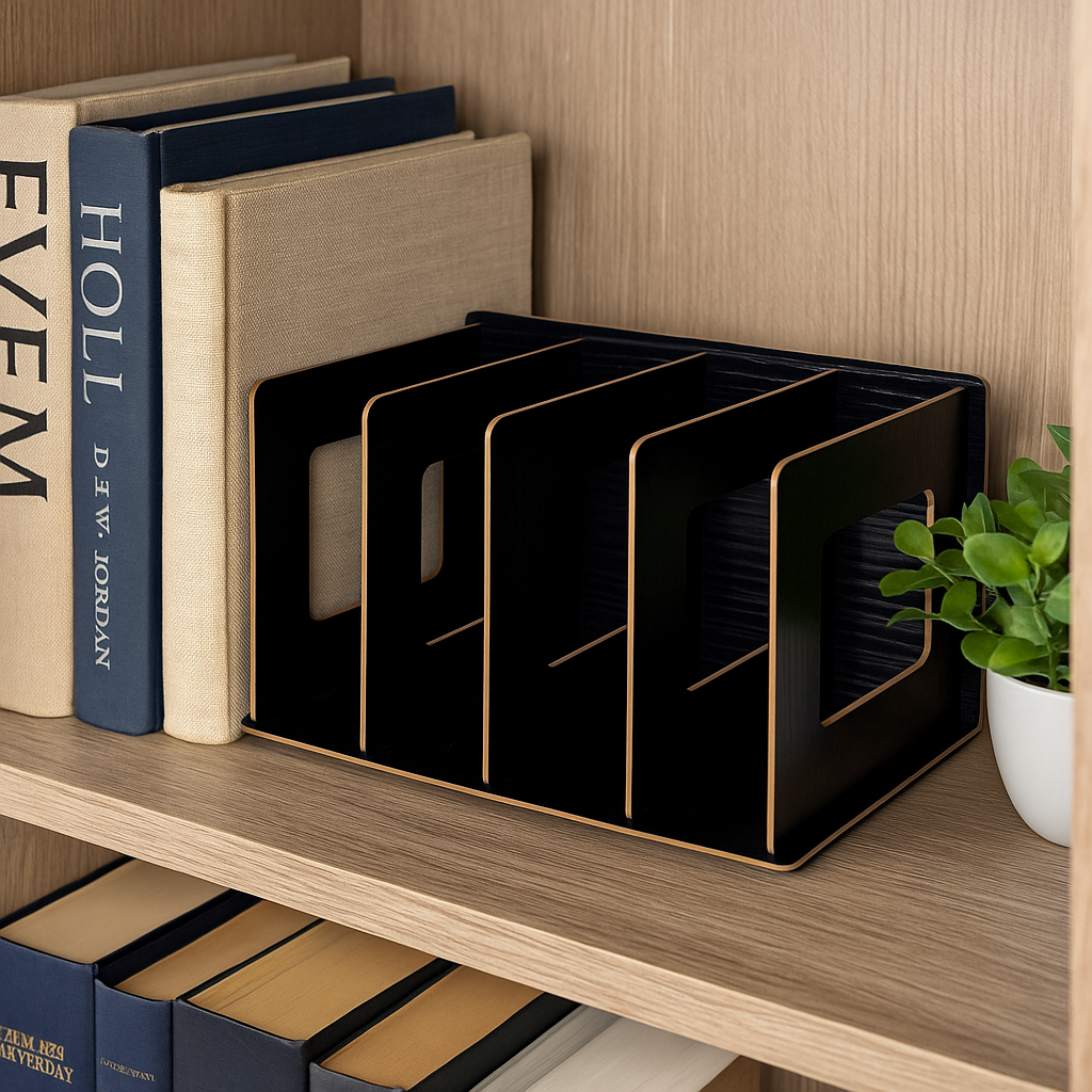 Zwarte houten CD standaard op een bureau die een favoriet CD-album toont naast een stapel boeken en een plant.