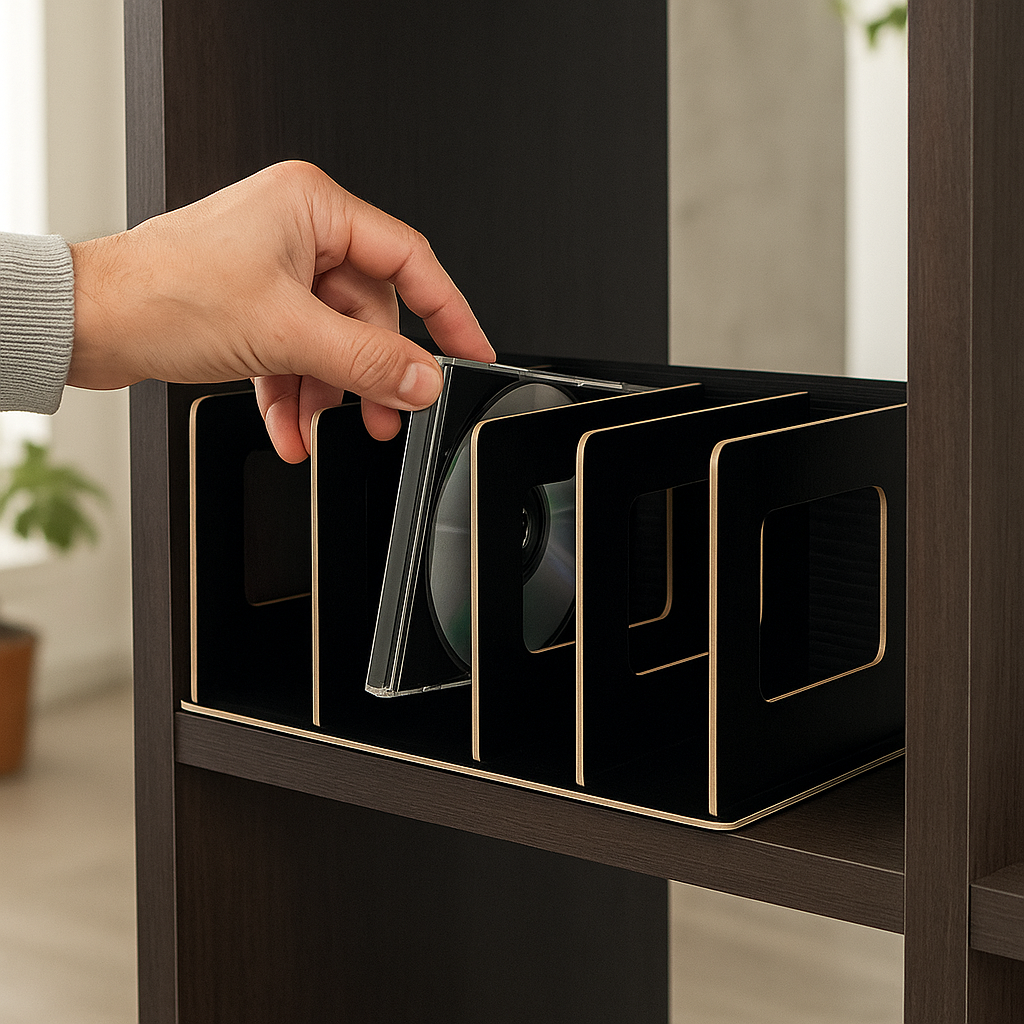 Een hand plaatst een cd in een zwarte houten cd-houder die netjes in de vakkenkast van een donker meubel staat.