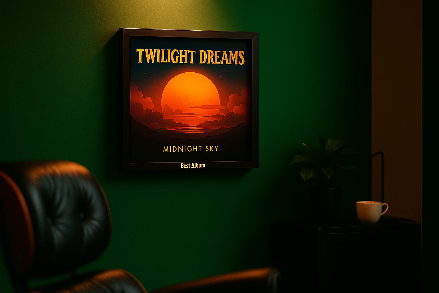 Een zwarte lijst met een vinyl platenhoes hangt als kunst aan een donkergroene muur, sfeervol verlicht door een spot in een stijlvol interieur.